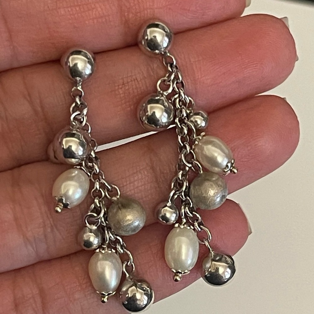 Solid 14k White Gold Pearl Handmade Post Hanging Earrings Real Gold